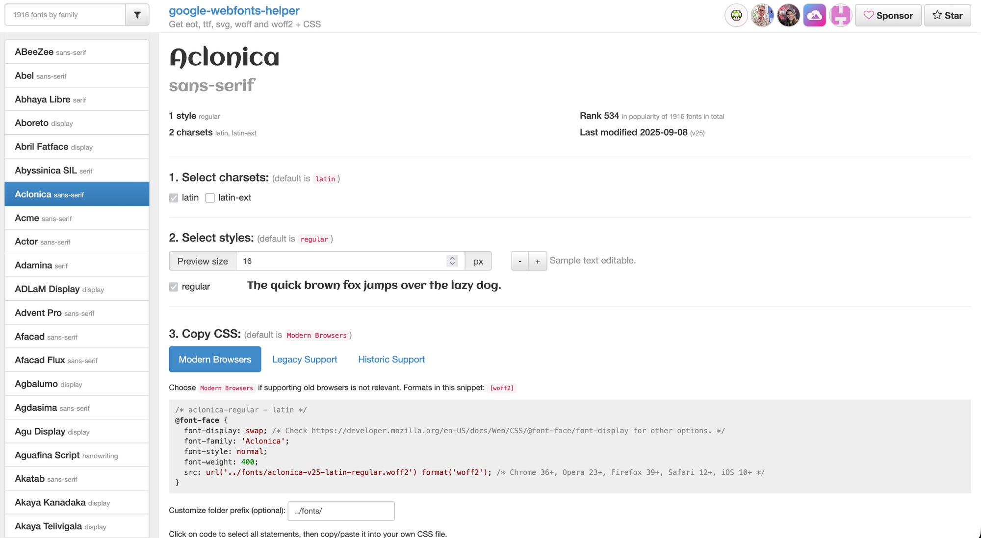 Screenshot Google Webfonts Helper
