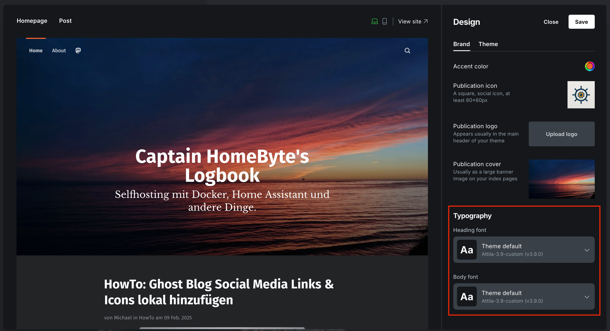 Design & Branding Einstellungen von Ghost